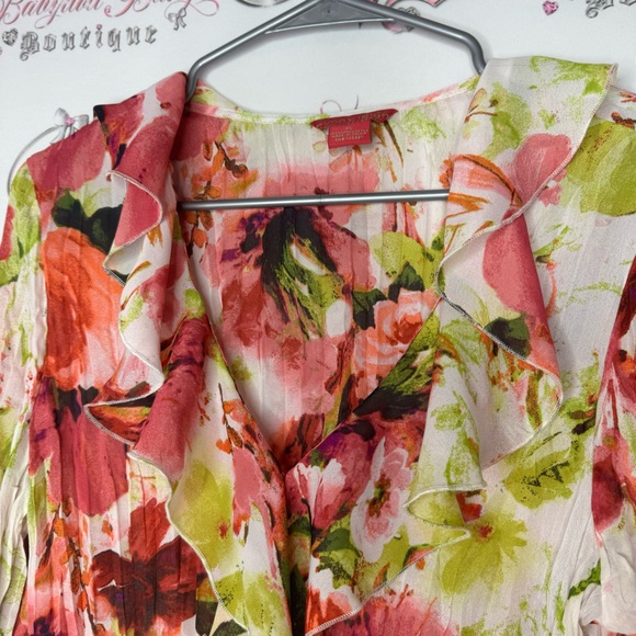 Sunny Leigh blouse ruffle frill hem bell bottom sleeve cuffs floral pleated luxe - Picture 6 of 14